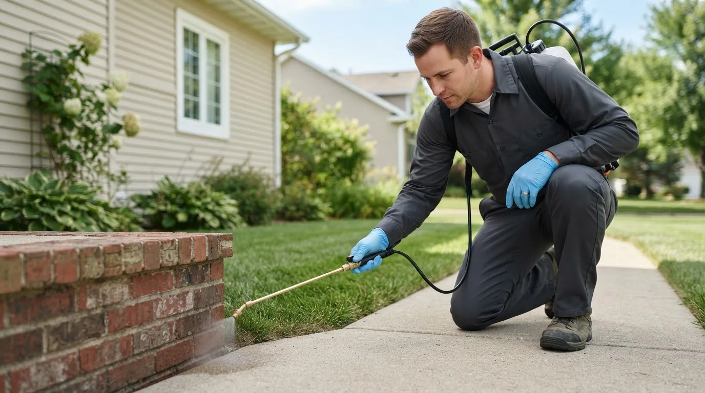 Pest control technician treating a home near Ellinwood, KS