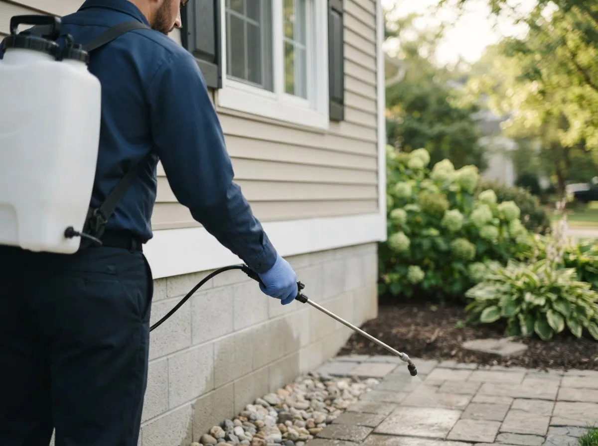 Pest control technician inspecting a home in Ellinwood, KS